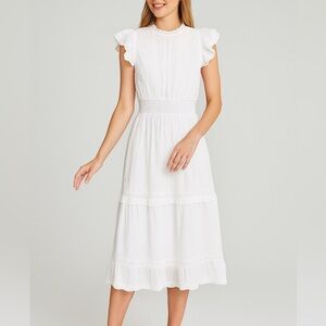 CeCe White Midi Dress with Ruffle Sleeves, Swiss Dot